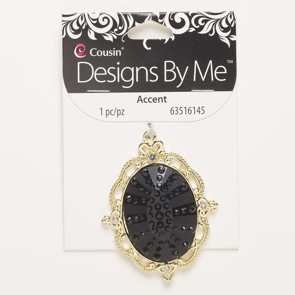 Focal, brass and glass, pkg/1, gold finish / black / clear, 58x47mm fancy oval. image number 0