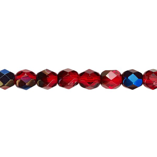 Bead, Czech fire-polished glass, red blue iris, 6mm faceted round. Sold per 15-1/2" to 16" strand. image number 0