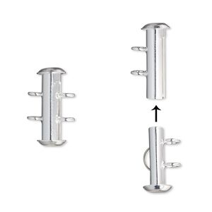 Clasp slide lock 1pkg4 silver-plated, 16x6mm round tube, brass 2-strand