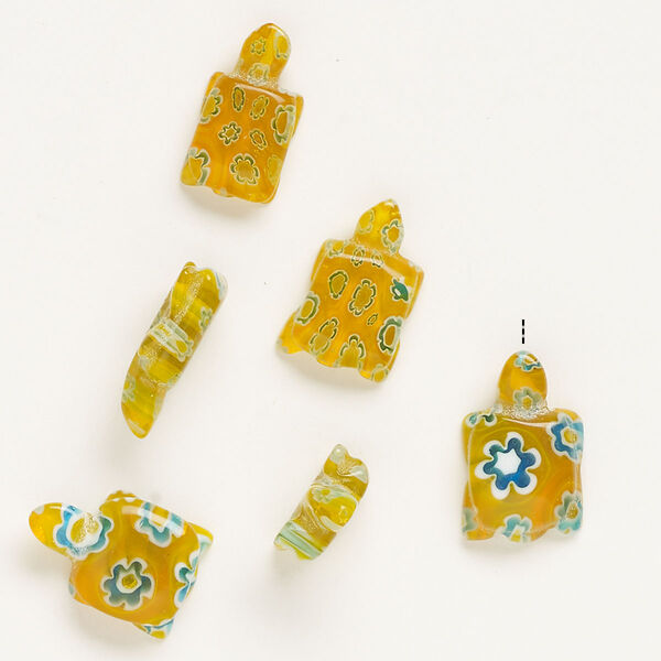 Bead, millefiori glass, translucent orange / aqua blue / white, 19x11mm-24x15mm half-drilled turtle. Sold per pkg of 6. image number 0