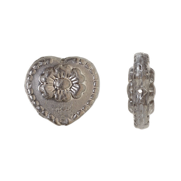 Bead, Preciosa Czech pressed glass, opaque crystal clear, antique silver finish, 18x17mm heart. Sold per pkg of 5. image number 0