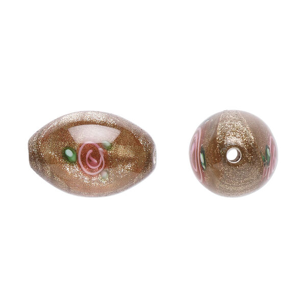 Bead, Czech lampworked glass, opaque brown / pink / green, 15x10mm-16x11mm olive with flower design. Sold per pkg of 2. image number 0