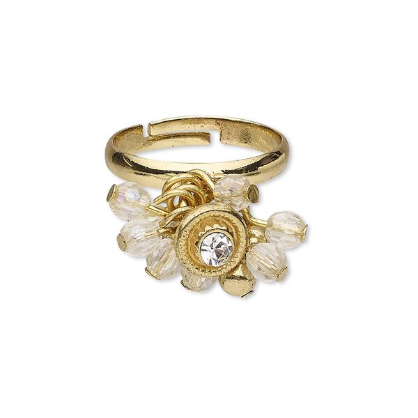 Ring, glass / glass rhinestone / gold-finished brass / steel, clear AB and clear, 3mm wide with 4mm faceted round and 8mm round, adjustable size 7-9. Sold individually. image number 0