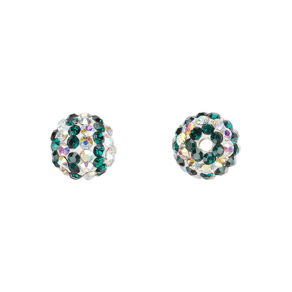 Bead, Egyptian glass rhinestone / epoxy / resin, white / dark green / clear AB, 10mm round with pavé striped design. Sold individually. image number 0