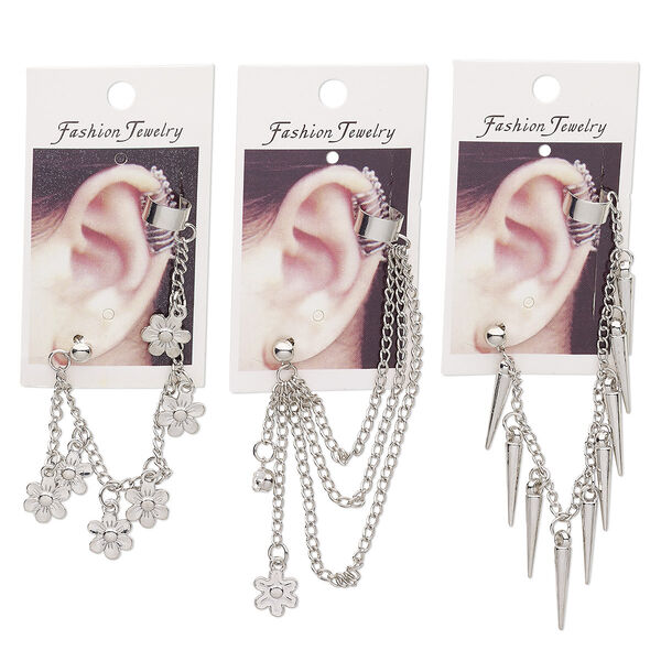 Earring mix, glass rhinestone / imitation rhodium-coated plastic / imitation rhodium-plated steel, clear, 5 inches / 4-1/4 inches / 3-1/4 inches with cuff and post. Sold per pkg of 3. image number 0