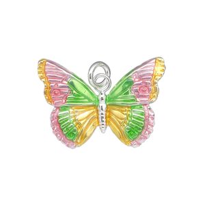 Charm, sterling silver and enamel, pink / yellow / green, 27x19mm single-sided butterfly. Sold individually.
