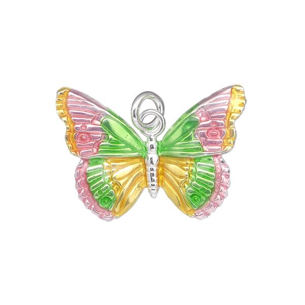 Charm, sterling silver and enamel, pink / yellow / green, 27x19mm single-sided butterfly. Sold individually. image number 0