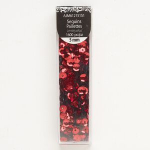 Sequin, plastic, pkg/1600, red, 5mm round.