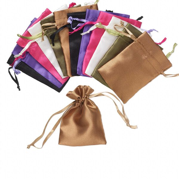 Gift pouch, synthetic satin, assorted colors, 4 x 2-1/2 inches with drawstring. Sold per pkg of 12. image number 0