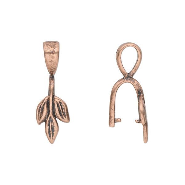 Bail, JBB Findings, ice-pick, antique copper-plated pewter (tin-based alloy), 23x8mm single-sided leaves with 8.5mm grip length. Sold per pkg of 2. image number 0