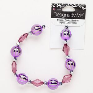 Bead 1pkg23 glass, mixed sizes / shapes, assortment translucent and transparent purple / plum / chrome