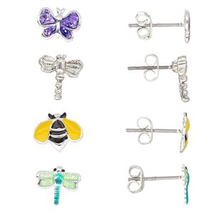 Earstud mix, enamel / stainless steel / silver-finished brass, multicolored, 10x7mm-10x9.5mm assorted insect with post. Sold per pkg of 4 pairs.