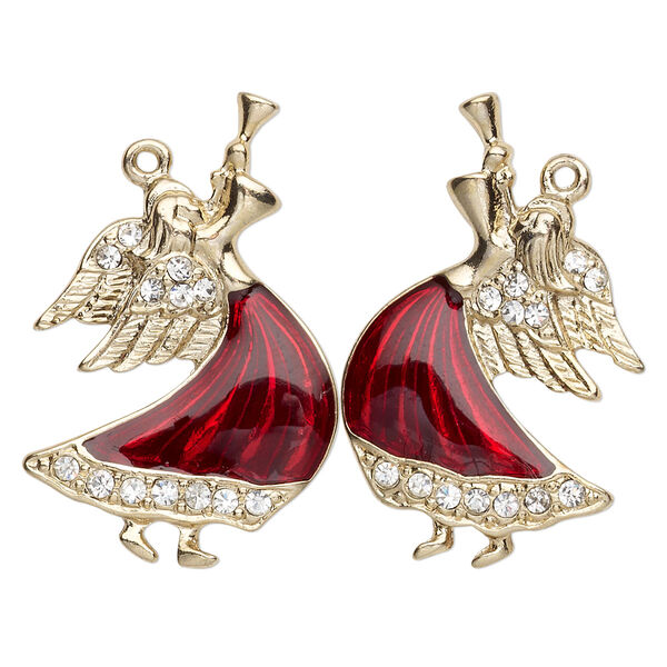 Charm, enamel / crystals / gold-finished "pewter" (zinc-based alloy), red and crystal clear, 31x24mm left- and right-facing single-sided angel with trumpet. Sold per pkg of 2. image number 0
