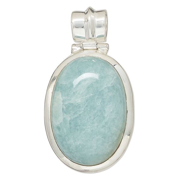 Pendant, aquamarine (natural) and sterling silver, 40x30mm oval. Sold individually. image number 0