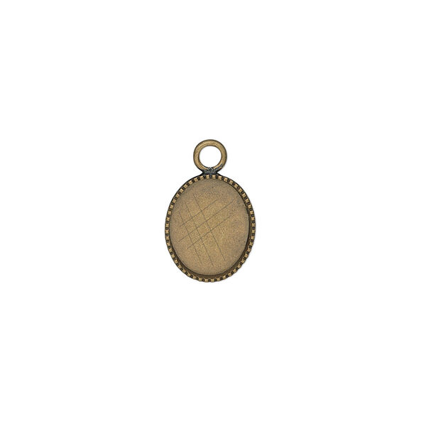 Drop, antiqued brass, 11x9mm oval with beaded edge and 10x8mm oval bezel cup setting. Sold per pkg of 24. image number 0