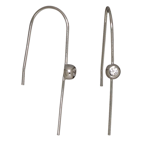 Earring, Create Compliments®, cubic zirconia and rhodium-plated sterling silver, clear, 40mm U-shape with 5mm round. Sold per pair. image number 0