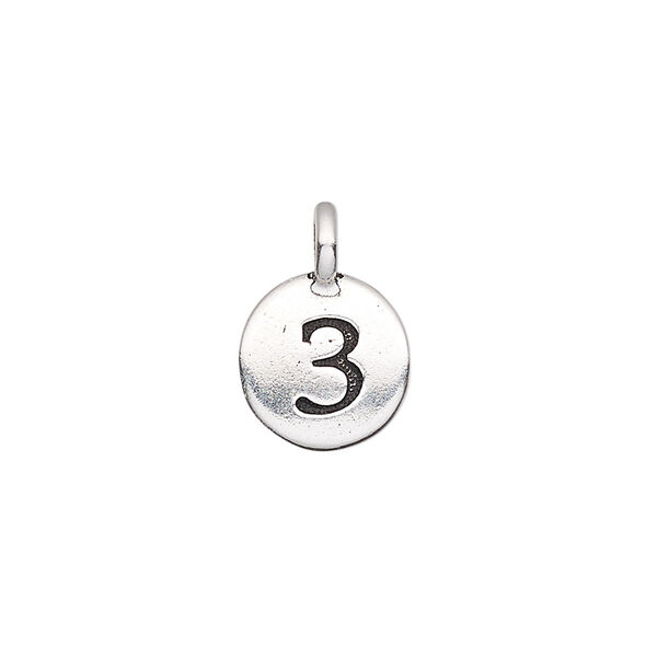 Drop, TierraCast®, antique silver-plated pewter (tin-based alloy), 11.5mm single-sided round with textured number "3." Sold per pkg of 2. image number 0
