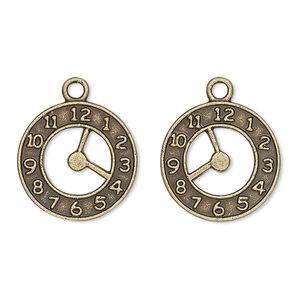 Charm, antique brass-plated "pewter" (zinc-based alloy), 18mm double-sided clock face with cutout. Sold per pkg of 10.