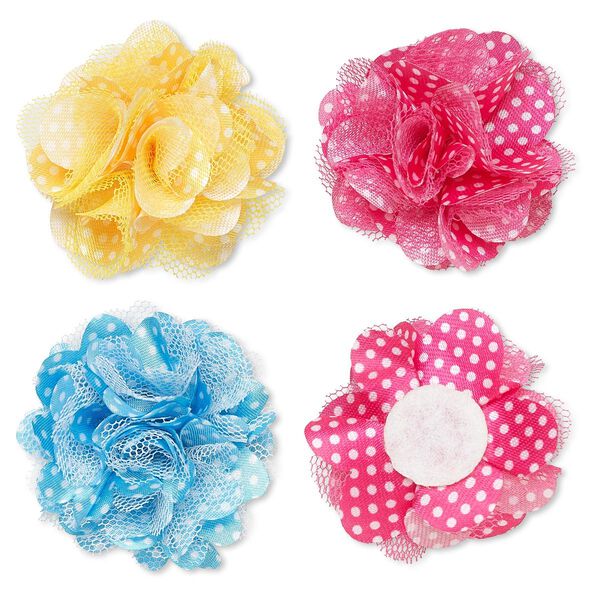 Embellishment, polyester chiffon and felt, dark pink / yellow / blue, 2-inch flower with white polka dots. Sold per pkg of 12. image number 0