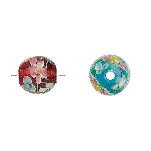 Bead mix, lampworked glass, mixed colors, 14x12mm barrel with flowers, 2.8-2.9mm hole. Sold per pkg of 2. image number 0