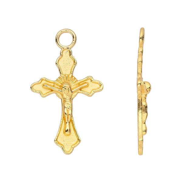 Drop, gold-finished "pewter" (zinc-based alloy), 26x17mm single-sided crucifix. Sold per pkg of 10. image number 0