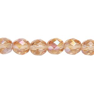 Bead, Czech fire-polished glass, light rose AB, 8mm faceted round. Sold per pkg of 600 (1/2 mass).