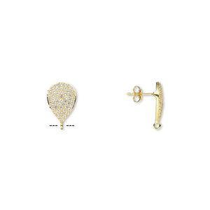 Earstud 1pkg2 sterling silver / white topaz (natural), 17x12mm teardrop / open loop, gold-finished 1 pair