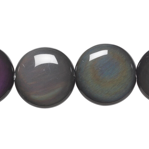 Bead, rainbow obsidian (natural), 20mm flat round, A grade, Mohs hardness 5 to 5-1/2. Sold per 8-inch strand, approximately 10 beads. image number 0
