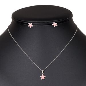 Necklace and earring set, enamel and sterling silver, pink, 9x8.5mm starfish, 16 inches with springring clasp, earring with post. Sold per set.