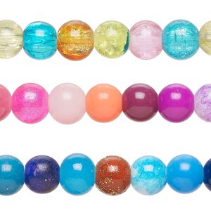 Bead mix, coated glass, opaque to transparent mixed colors, 6-8mm round. Sold per pkg of (3) 7-inch strands, approximately 80 beads.