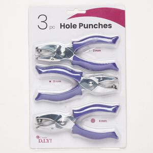 Hole punch 1pkg3, steel and rubber, purple, 5-1/2 inches with 2mm / 3mm / 8mm holes.