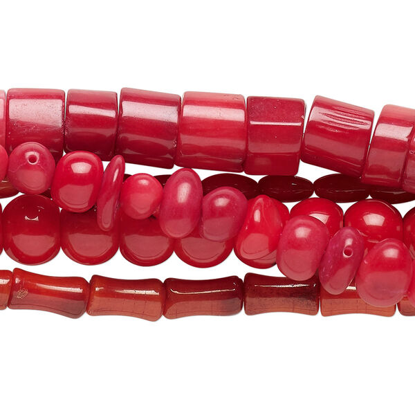 Bead mix, bamboo coral (dyed), red, 6x3mm-9x8mm mixed shapes, Mohs hardness 3-1/2 to 4. Sold per pkg of (5) 15-inch strands. image number 0