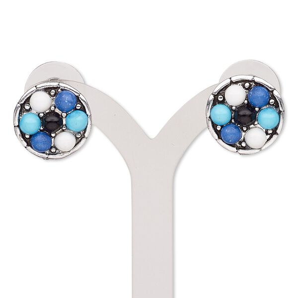 Earring, resin / stainless steel / antiqued silver-finished "pewter" (zinc-based alloy), multicolored, 16mm round with post. Sold per pair. image number 0