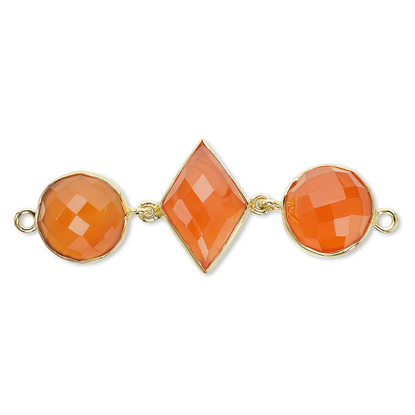 Link, carnelian (dyed / heated) and gold-finished sterling silver, 40x16mm single-sided with 11mm faceted round and 16x11mm faceted diamond. Sold individually. image number 0