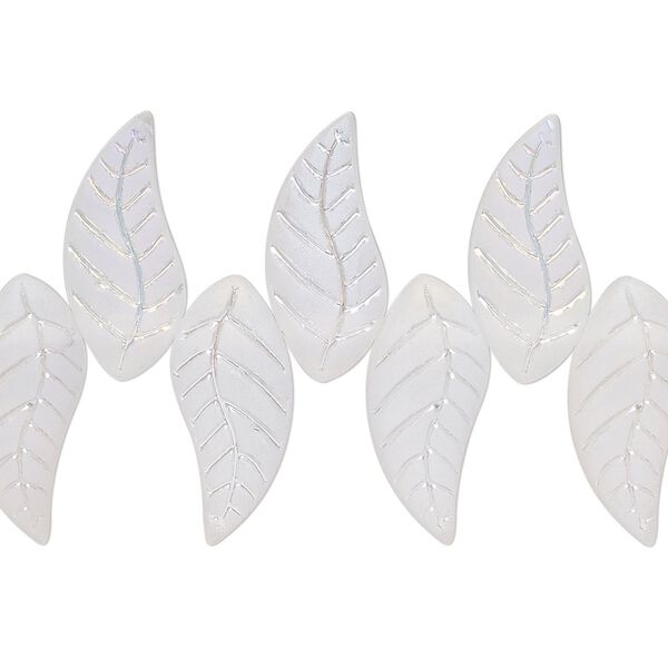 Bead, glass, translucent matte clear AB, 18x8mm top-drilled curved leaf. Sold per 8" strand. image number 0