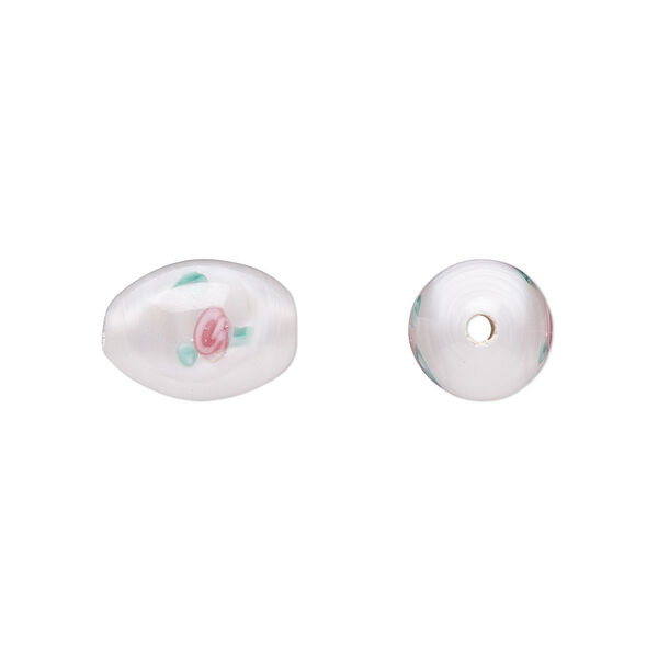 Bead, Czech lampworked glass, opaque white / pink / green, 12x8mm-13x9mm olive with flower design. Sold per pkg of 4. image number 0