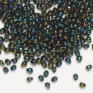 Seed bead, Miyuki, glass, pkg/250g, 3.3x2.8mm mini fringe, opaque gunmetal dark green (DP-453).