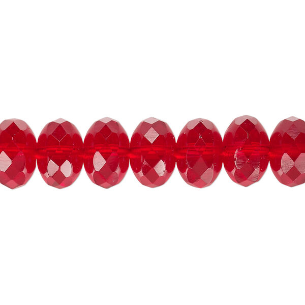 Bead, Czech fire-polished glass, ruby red, 11x7mm faceted rondelle. Sold per 15-1/2" to 16" strand. image number 0
