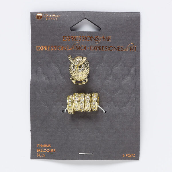 Slide mix, glass and gold-finished "pewter" (zinc-based alloy), black and clear, (5) 12x3mm rondelles and (1) 18x14mm owl with 6.5mm hole. Sold per pkg of 6. image number 0