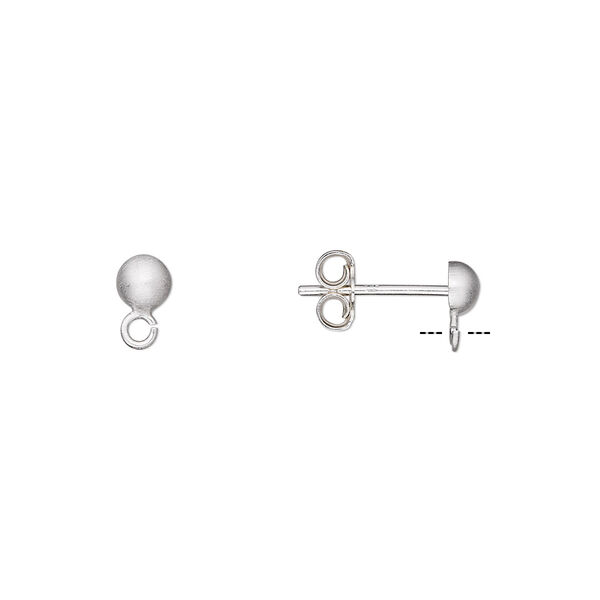 Earstud, satin-finished sterling silver, 4mm half ball with open loop. Sold per pkg of 5 pairs. image number 0