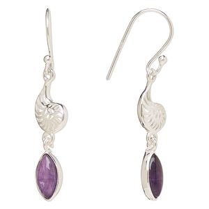 Earring, Create Compliments®, antiqued sterling silver and amethyst (natural), fishhook, 42.5mm with 26.5mm single-sided left- and right-facing nautilus, 21 gauge. Sold per pair.