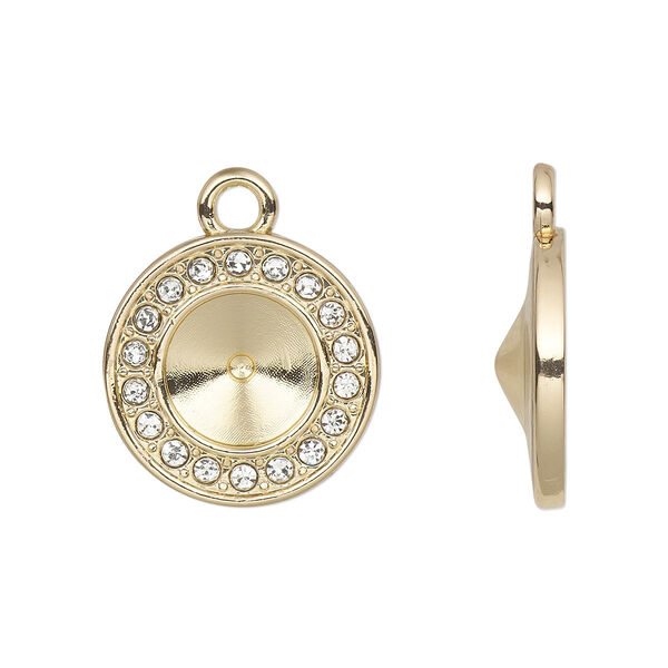 Drop, Almost Instant Jewelry®, cubic zirconia and gold-finished "pewter" (zinc-based alloy), clear, 16mm single-sided round with SS39 rivoli glue-in setting. Sold per pkg of 2. image number 0