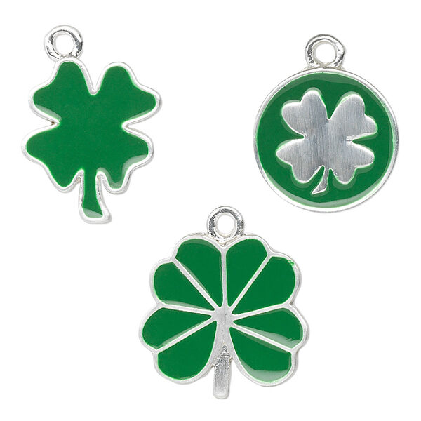 Charm, silver-finished "pewter" (zinc-based alloy) and enamel, green, (2) 15mm coin with single-sided 4-leaf clover, (2) 15x15mm 4-leaf clover and (2) 20x15mm 4-leaf clover with 1.5mm loops. Sold per pkg of 6. image number 0