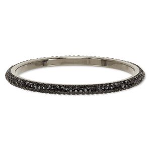 Bracelet, bangle, epoxy / Preciosa glass rhinestone / gunmetal-plated brass, black, 6mm wide, 8-1/2 inches. Sold individually.
