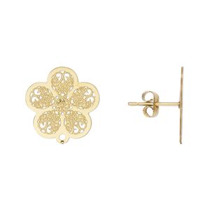 Earstud Lazer Lace™ 1pkg8, 16x15.5mm textured flower / closed loop / earnuts, gold-finished stainless steel 4 pair