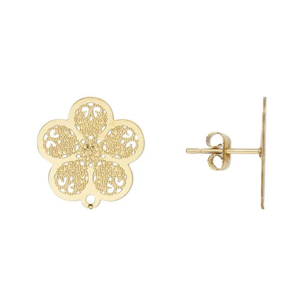 Earstud Lazer Lace™ 1pkg8, 16x15.5mm textured flower / closed loop / earnuts, gold-finished stainless steel 4 pair image number 0