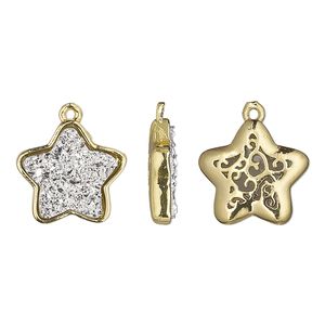 Drop, Druzylite™, "druzy" (resin) and gold-finished brass, silver, 15x14mm two-sided star with open filigree back. Sold per pkg of 4.