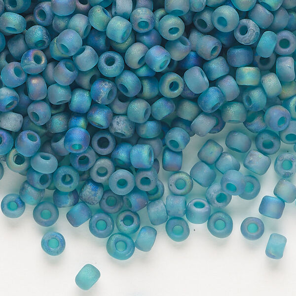 Seed bead, Dyna-Mites™, glass, transparent frosted rainbow emerald green, #6 round. Sold per 40-gram pkg. image number 0