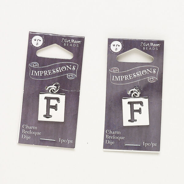 Drop, silver-finished "pewter" (zinc-based alloy) and steel, 16x15mm flat square with cutout alphabet letter "F." Sold per pkg of 2. image number 0