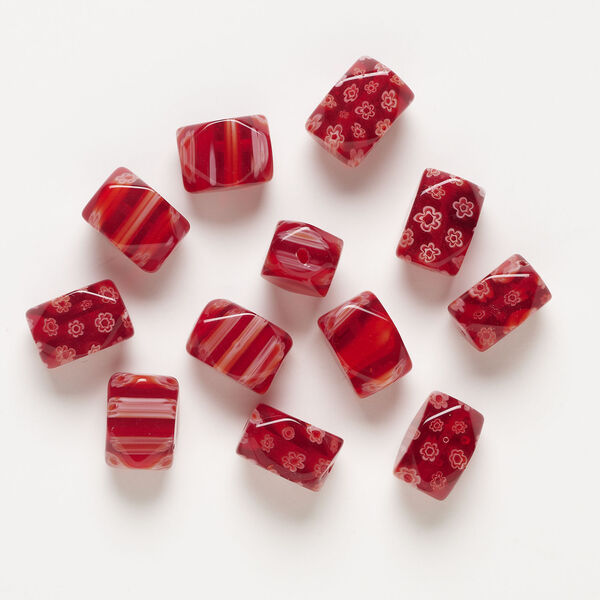 Bead, millefiori glass 1pkg2oz, translucent red and white, 16x10mm-18x13mm 4-sided rectangle. image number 0